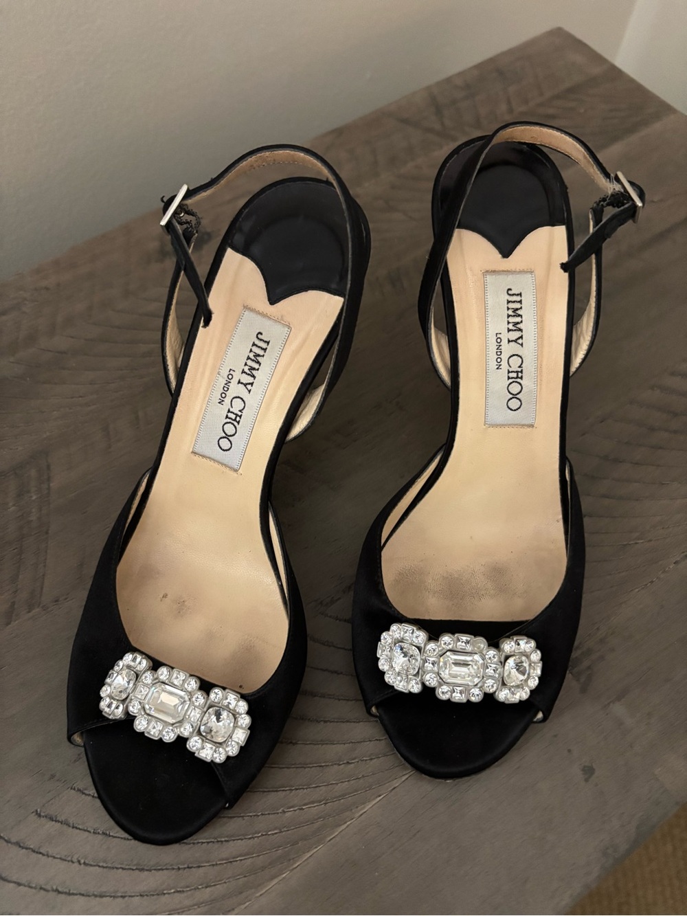Jimmy Choo Black Satin Open-Toe Heels with Crystal Buckle